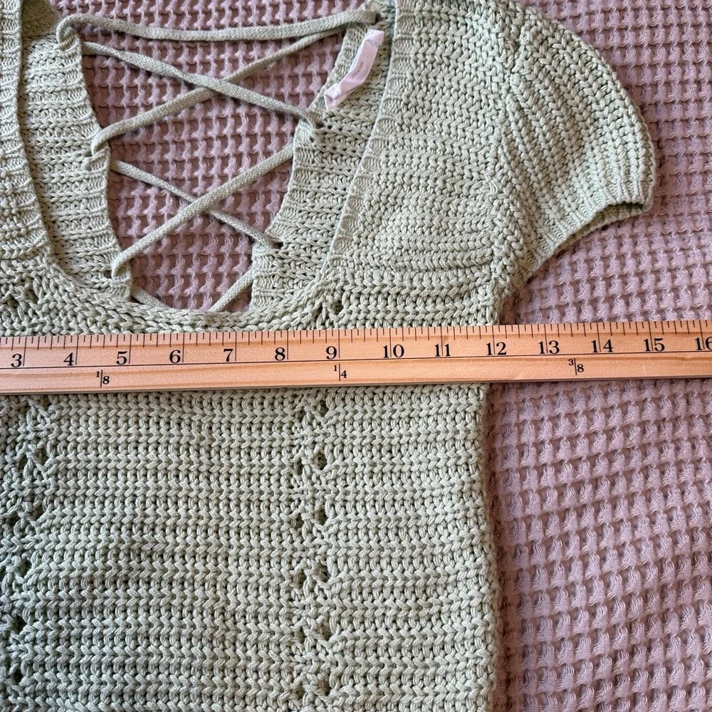 Double Zero Sage Green Knit Womens Lace-Up Crop Top S Crochet Stretchy Indie